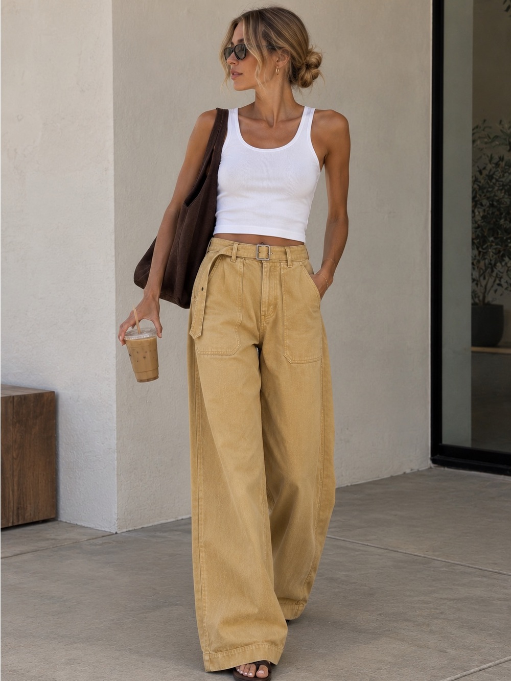 Topshop Wonder Belted Wide Leg Chino Pants Stone 2